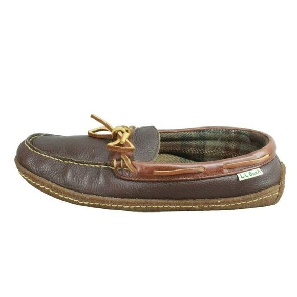 LL Bean Brown Leather Slip On Flannel Lined Handsewn Loafer Shoes Size 9 M - Picture 1 of 9